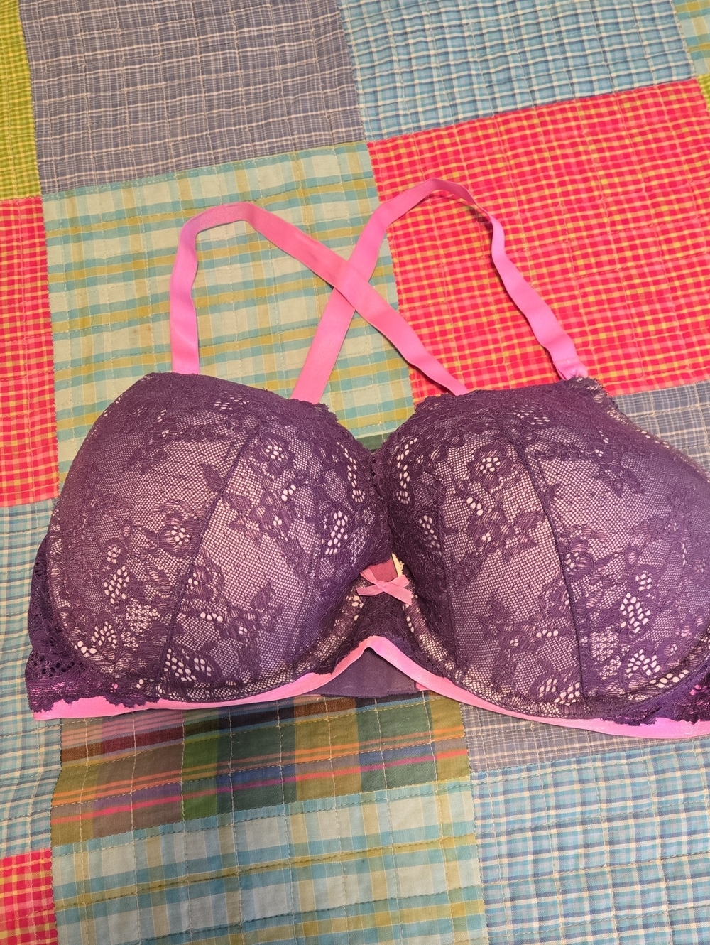 Victoria's Secret Purple Lace Push-Up Bra with Pink Straps
